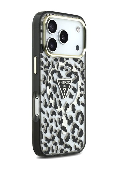 Apple iPhone Uyumlu 18 Pro Kılıf Guess  Lisanslı M-safeli Üçgen Logolu Simli Leopar Desenli Kapak Siyah
