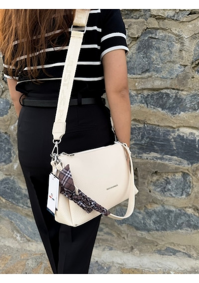 Kadın Orijinal Just Polo Yumuşak Deri Şal Detaylı Ayarlanabilir Askılı El Ve Omuz Çantası Shopper Krem