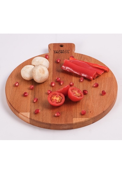 İroko L Doğal Kayın Ahşap Yuvarlak Kesme Tahtası 25x28,5 Cm Saplı, El Yapımı, Premium Kalite Ahşap