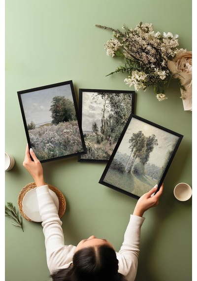 Zestia Siyah Çerçeveli 3'lü Tablo Seti, Klasik Manzara Soft Tonlar, Salon Set No: 30120 50 X 70