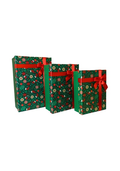 Kolix 3'lü Yılbaşı Temalı Dekoratif Fiyonklu Hediye Kutusu Yeşil 35x25x13 Cm Büyük Boy
