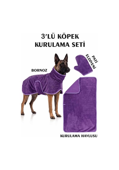 3'lü Köpek Kurulama Seti Bornoz-havlu-pati Eldiveni Süper Su Emici Yaz-kış Set Mor