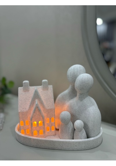 Aile Figürlü Ev Mumluk Seti Mermer Beyaz Dekoratif Tealight Gece Lambası 20 Cm Mermer Desenli