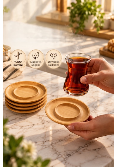 Porsima Pbt-708 6'lı Bambu Çay Tabağı Seti 10 Cm - %100 Doğal Ahşap Yuvarlak Çay Bardağı Altlığı