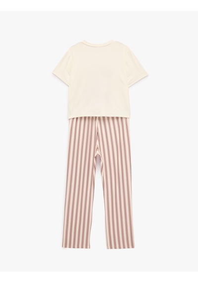 Koton Rahat Kesim Bisiklet Yaka Kısa Kollu Çizgili Pijama Takımı Ekru Desenli 7wlk40295mk