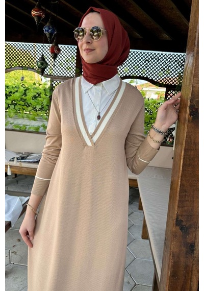 Rabia Şamlı Eylül Gömlekli Triko Elbise Bej Normal