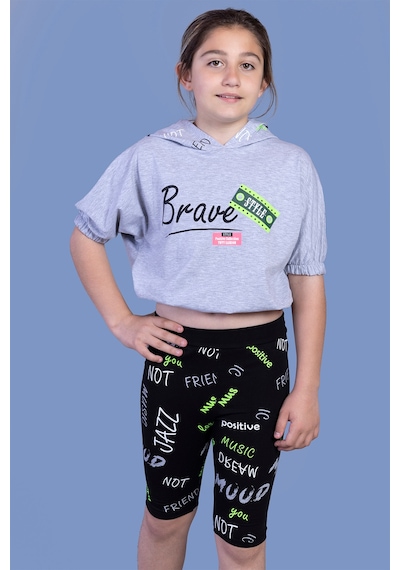 Toontoy Kids Toontoy Kız Çocuk 2'li Takım Baskılı Kapüşonlu Kısa Kollu Crop Sweatshirt & Basic Düz Crop Tayt Gri