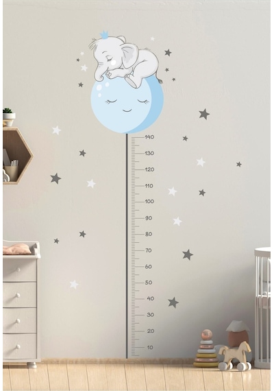 Renkli Mavi Filli Boy Ölçer Duvar Sticker Seti