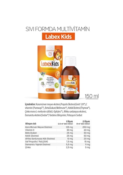 Labex Kids Çinko Kekik Beta Glukan Karamürver Çocuk Multivitamin Şurup 150 ML