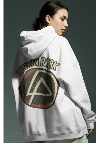 Sevbano Linkin Park Müzik Grubu Sırt Baskılı Unisex Oversize Penye Hoodie beyaz