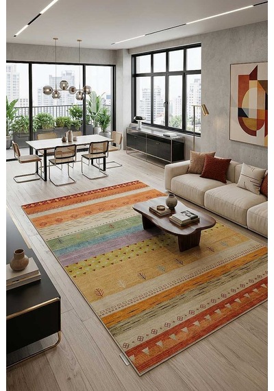 Etnik Kilim Desenli Pamuk Taban Yıkanabilir Baskılı Halı Turuncu