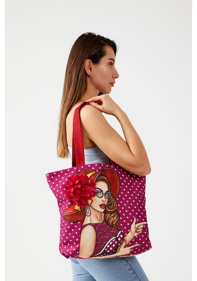 Ayshome Popart Desen Bez Fuşya Puantiyeli Plaj Alışveriş Çantası Çok Renkli
