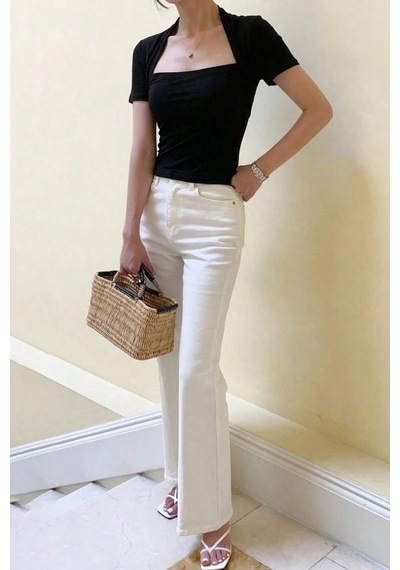 Kadın Haki Kuğu Yaka Slim Kısa Kollu Fit Crop Bluz Siyah