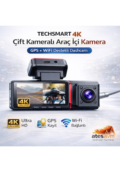 Techsmart 4k Çift Kameralı Araç İçi Kamera Gps Wifi Gece Görüşlü Dashcam
