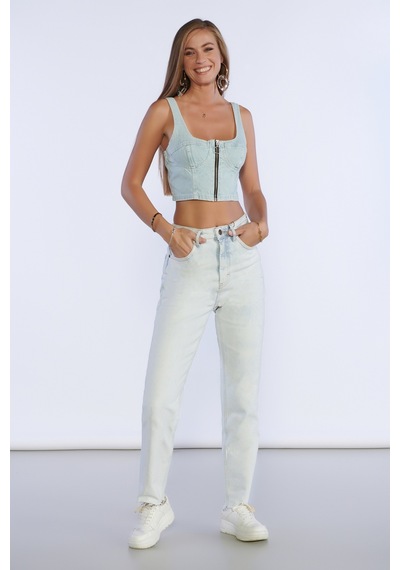 Buz Mavi Yüksek Bel Kesik Paça Detaylı Mom Jeans-buz Mavisi Buz Mavi