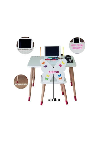 Liva Ahşap Çocuk Aktivite Masa Sandalye Takımı Tekli Kelebekli- Tablet, Kalemlik Yeri, Yaz Sil Özellikli Yüzey Beyaz Liva Ahşap Çocuk Aktivite Masa Sandalye Takımı Tekli Kelebekli- Tablet, Kalemlik Yeri, Yaz Sil Özellikli Yüzey Beyaz