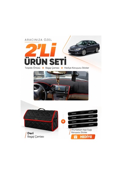 Subaru Legacy B4 2003-2009 Uyumlu Torpido Örtüsü + Deri Bagaj Çantası + Sticker - Siyah Kırmızı