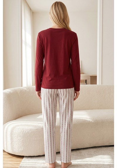 Siyah İnci Nakışlı Düğmeli Pamuklu Likralı Örme Pijama Takım26240355 Bordo