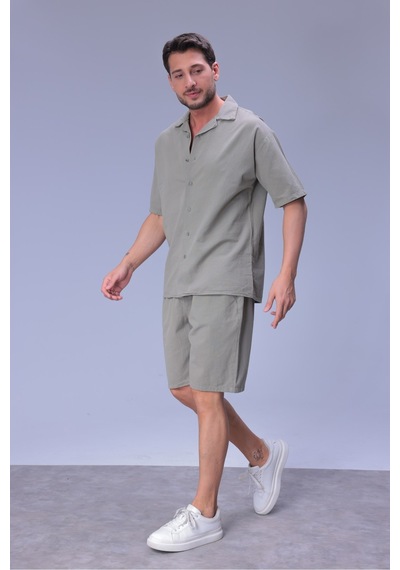 Erkek Rahat Kalıp Cepli Keten Gömlek Ve Beli Lastikli Şort Yazlık Oversize Takım Çağla Yeşili