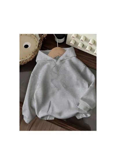 Herkesemoda Arka Ayı Baskı Detaylı İçi Polarlı Kapüşonlu Sweatshirt Gri