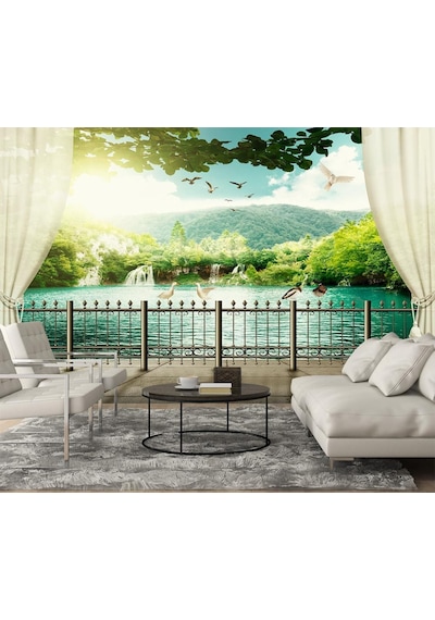 Perdeli Balkon Göl Ve Şelale Manzarası Duvar Kağıdı