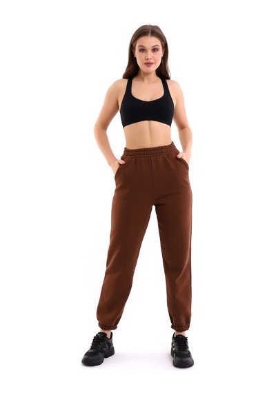 Winmoda34 Kadın Üç İplik İçi Şardonlu Polarlı Eşofman Altı Jogger Rahat Kalıp kahve