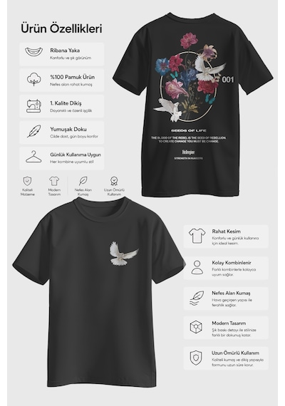 Spoyi Rebel Bloom Tasarımlı %100 Pamuk Yarım Oversize Siyah T-shirt