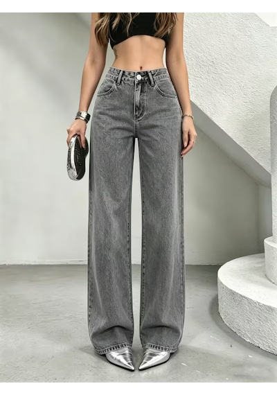 Layal My Beauty Melody Kadın Jeans Wide Leg Rahat Yüksek Bel Salaş Bol Paça Jean Palazzo Denim Kot Pantolon Füme