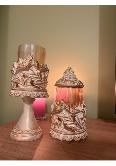 Kuşlu Ayaklı Ve Kapaklı Dekoratif Cam Mumluk & Şekerlik Seti Krem Altın Varak Eskitme 2'li Şamdan & Kavanoz 27x12 Cm & 23x12 Cm Çok Renkli