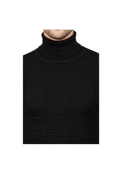 Deepsea Erkek Siyah Kare Desenli Balıkçı Yaka Slim Fit Boğazlı Triko Kazak 2505493 Siyah