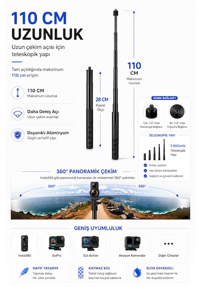 Insta360 Aksiyon Görünmez Selfie Çubuğu 1.1 Metre Siyah