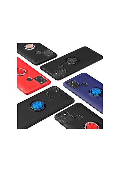 Kilifone - Galaxy A21s Uyumlu Kılıf Koruyucu Yüzüklü Karbon Ravel Silikon Kapak - Siyah-kırmızı - T13909
