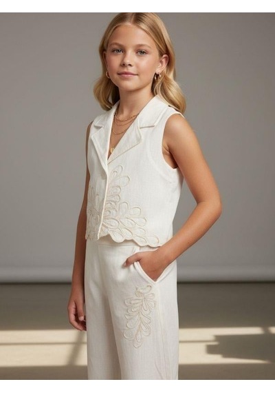 Zekids Kız Çocuk Nakış Detaylı Yelek Pantolon Takım-16874 Ekru