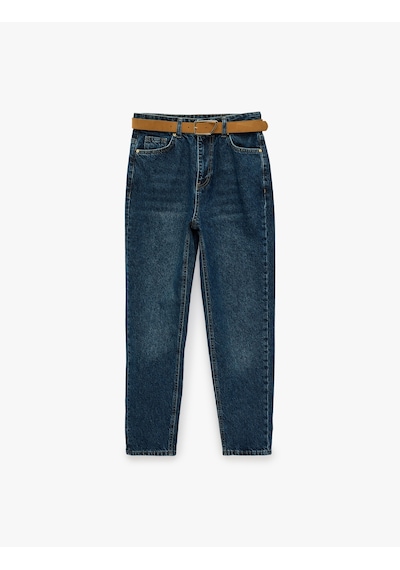 Koton Kemerli Yüksek Bel Dar Kalıp Düz Paça Pamuklu Denim Pantolon - Mom Slim Jean Koyu İndigo 7wal40095md