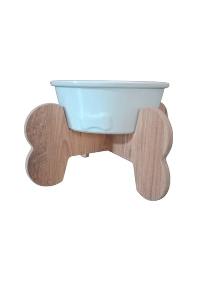 Seramik Kaseli Ahşap Ayaklı Tekli Büyük Irk Köpek Mama/su Stantı-1000 Ml.