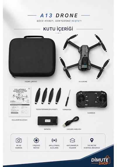 A13 Drone 4k Hd Kameralı Fırçasız Motor Akıllı Engel Sensörlü Katlanabilir Drone