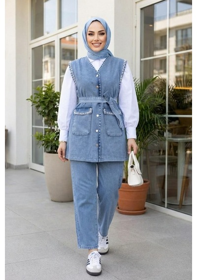 Hb Harma Time Butik Kadın Taş İşlemeli Kuşaklı Yelek-pantolon Açık Kot Mavi İkili Takım Açık Mavi