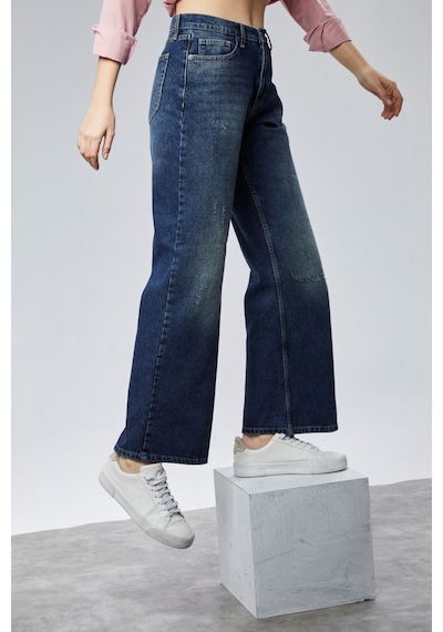 Cedy Denim Cedy Denım Yüksek Kalite Kadın Palazzo Yüksek Bel Cotton Jean Pantolon Koyu Mavi