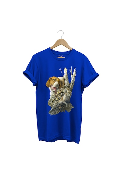 Avcılık Avcı Köpeği Ve Tavşan Baskılı Orman Temalı %100 Pamuk Regular Fit Mavi T-shirt Saks Mavi
