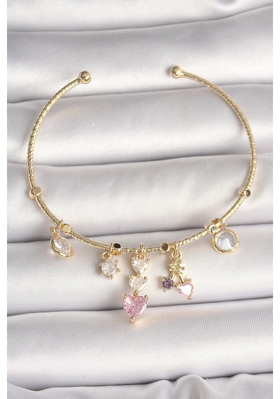 Pirinç Gold Renk Sallantı Zirkon Taşlı Kalp Figür Pembe Kalp Detay Charm Kadın Bileklik - Lisinya