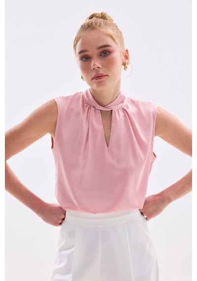 Sateen Yaka Detaylı Saten Bluz - Pembe-136681 Pembe