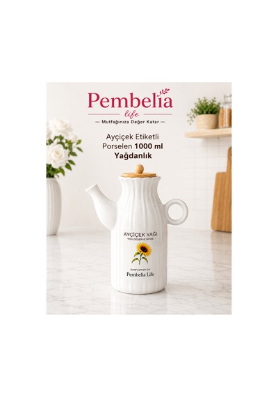 Ayçiçek Etiketli Porselen 1000 Ml Yağdanlık Yağlık Beyaz Beyaz