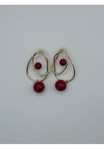 Rhea Jewelry Çelik Geometrik Kırmızı Boncuklu Sallantılı Kadın Küpe Gold 7 Cm Altın - Kırmızı