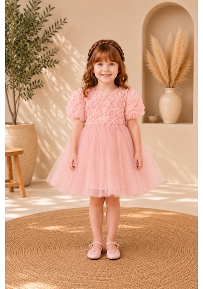 Miço Kids Kız Çocuk 3d Gül Detaylı Tül Abiye Elbise Pembe