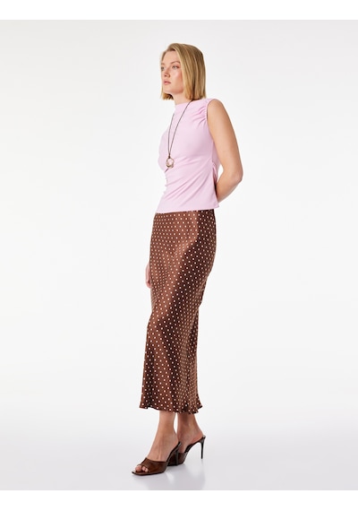 Koton Slim Fit Puantiye Desenli Midi Saten Etek Kahverengi Desenli 6sak70100ew