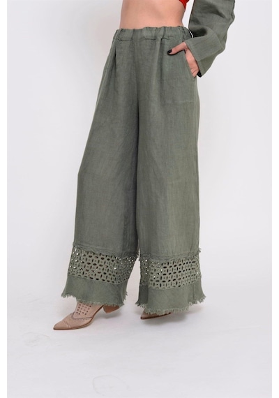 Bohem Stil İtalyan Fisto Detaylı Keten Pantolon-8748 Haki