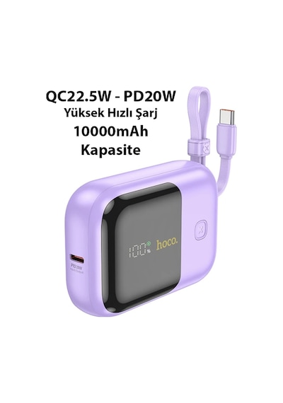 Hoco Q20 Fountain 10000mah 22.5w+pd20w Dijital Göstergeli Kablolu Powerbank Mor Mor