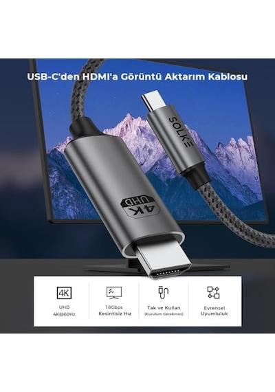 Usb-c To Hdmı Kablo, 2 Metre, 4k60hz, 18gbps, Type-c To Hdmı Görüntü Kablosu, Thunderbolt 5/4/3 Uyum