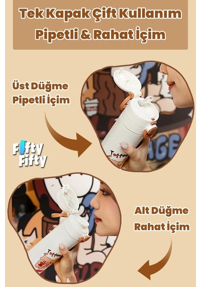 Dıller Toffee Bear Figürlü 520 Ml Paslanmaz Çelik Termos Kahve Rengi