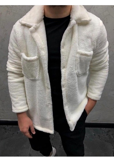 Stıll Giyim Unisex Normal Kalıp Cep Detaylı Düğmeli Pelüş Ceket Beyaz